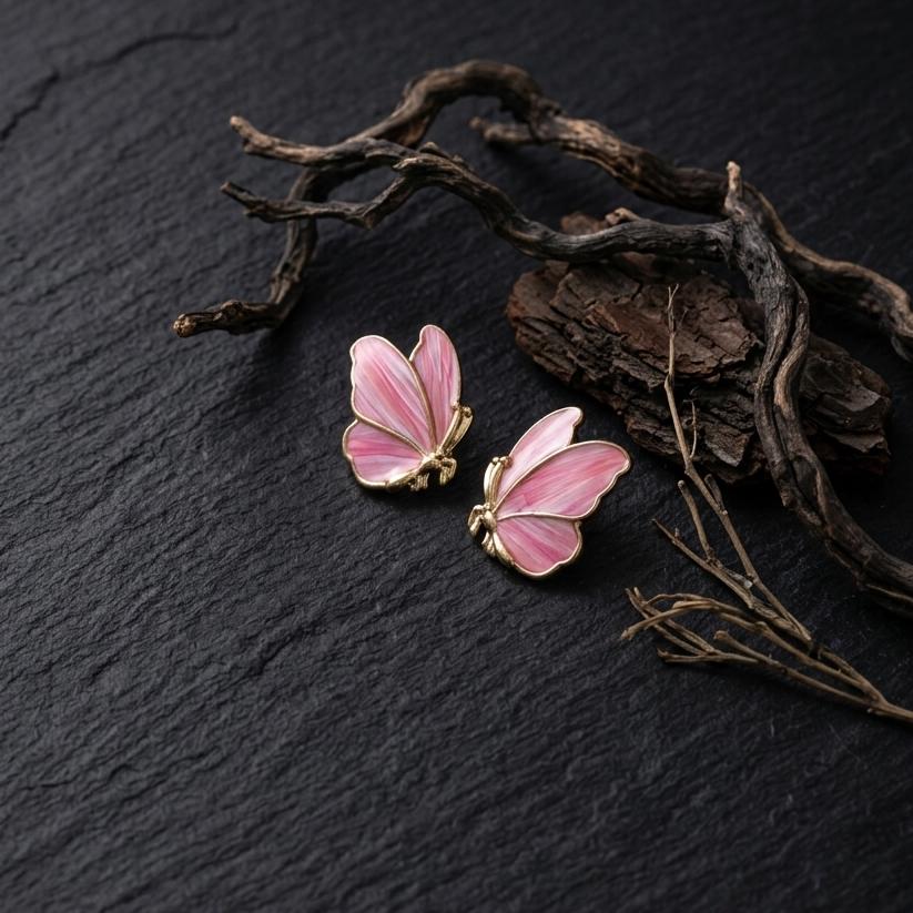 Pink Butterfly Earrings, Real Feather Gold Studs, 925 Silver Post Butterfly Jewelry, Nature Inspired Gift for Her