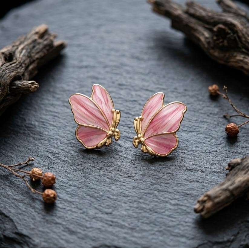 Pink Butterfly Earrings, Real Feather Gold Studs, 925 Silver Post Butterfly Jewelry, Nature Inspired Gift for Her
