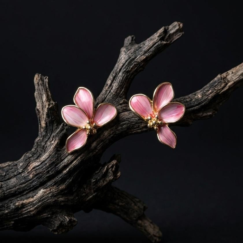 Pink Flower Petal Earrings, Real Feather Gold Studs, 925 Silver Post Floral Jewelry, Romantic Botanical Gift for Her, Cherry Blossom