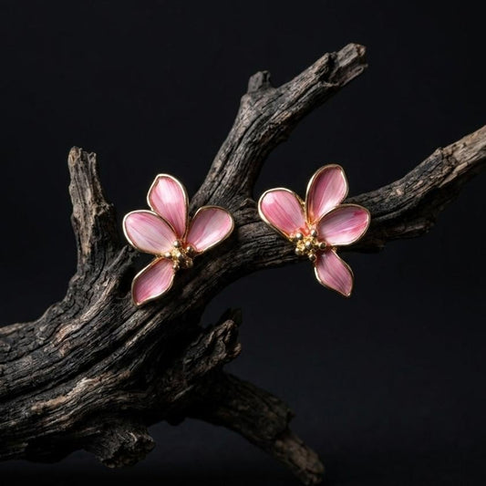 Pink Flower Petal Earrings, Real Feather Gold Studs, 925 Silver Post Floral Jewelry, Romantic Botanical Gift for Her, Cherry Blossom