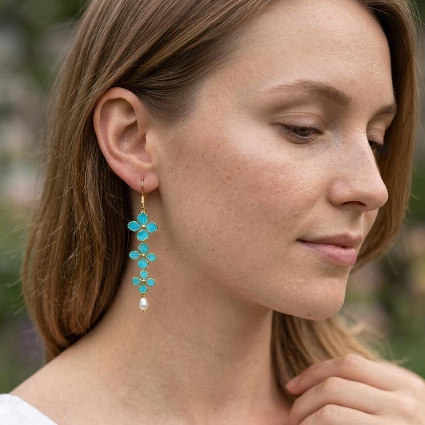 Lucky Clover Dangle Earrings, Mother's Day Gift, Turquoise Blue Feather Earrings, 925 Silver Gold Hook, Long Pearl Drop Jewelry