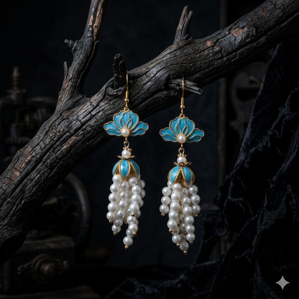 Blue Feather Pearl Earrings, Lotus Flower Tassel Dangles, Something Blue for Bride, Unique Nature Inspired Gift, Gift For Her