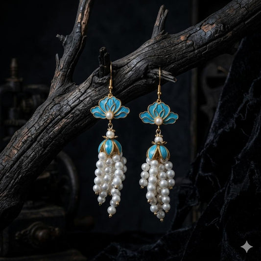 Blue Feather Pearl Earrings, Lotus Flower Tassel Dangles, Something Blue for Bride, Unique Nature Inspired Gift, Gift For Her