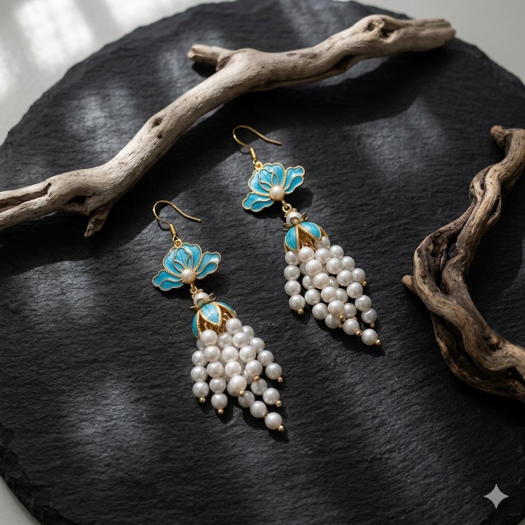 Blue Feather Pearl Earrings, Lotus Flower Tassel Dangles, Something Blue for Bride, Unique Nature Inspired Gift, Gift For Her