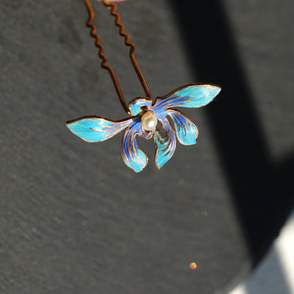 Blue Iris Feather Hair Pin