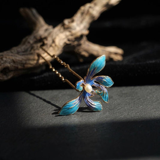Blue Iris Hair Pin, Natural Parrot Feather Accessory, Something Blue Bridal Pin, Blue Purple Flower Hair Fork, Unique Hair Accessory for Her