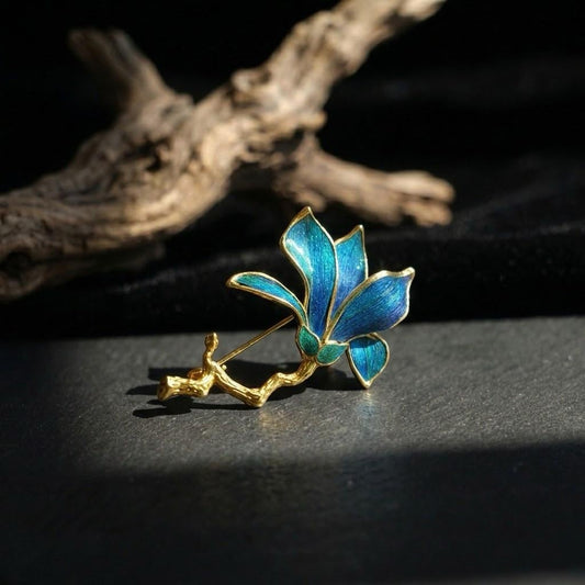 Peacock Feather Iris Brooch, Gold Flower Pin, Botanical Iris Jewelry, Blue Teal Statement Brooch, Unique Nature Inspired