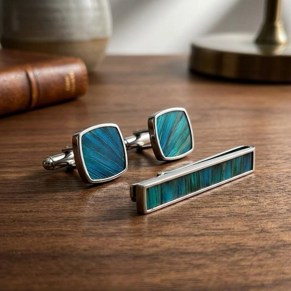 Peacock Feather Cufflink & Tie Clip Set