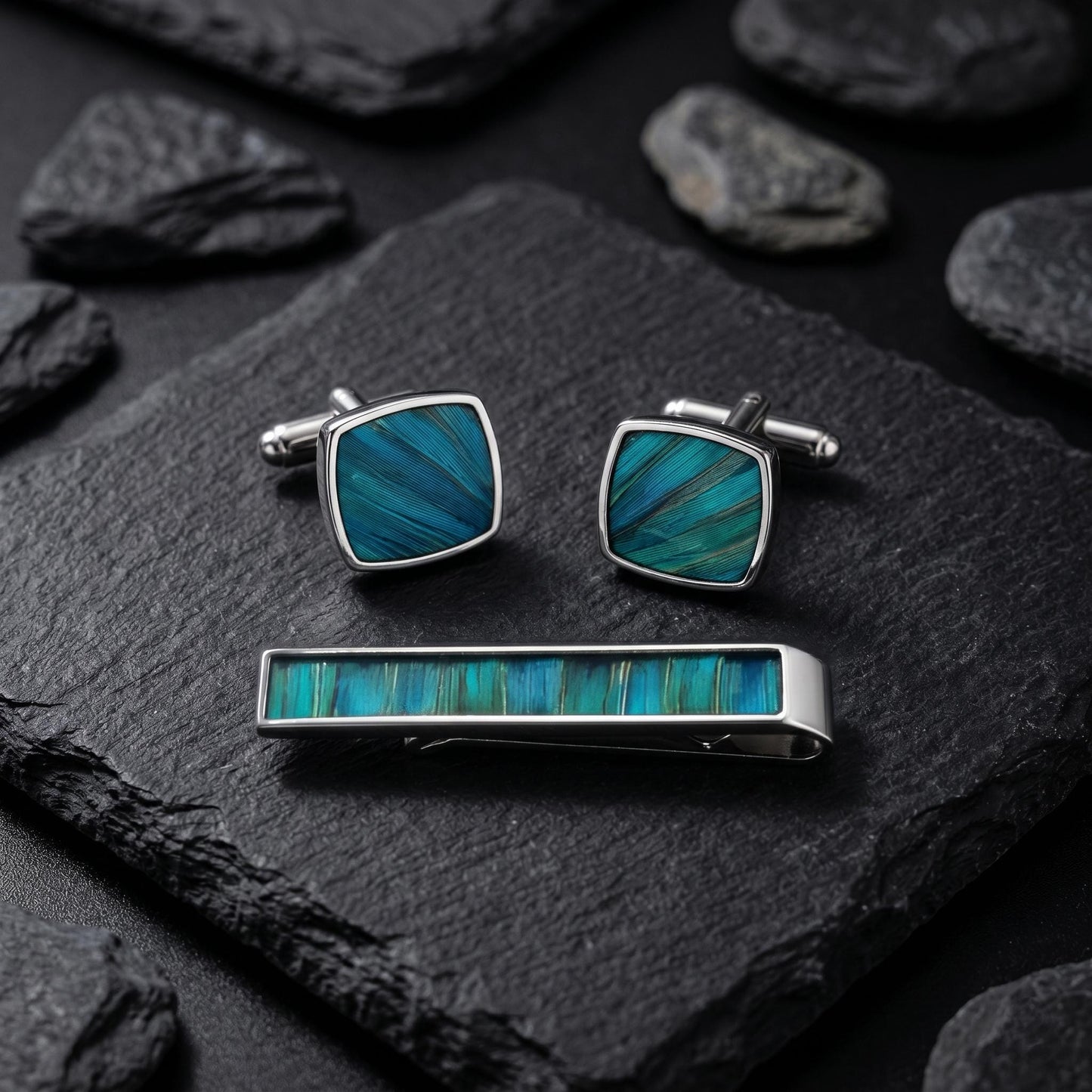 Peacock Feather Cufflink & Tie Clip Set