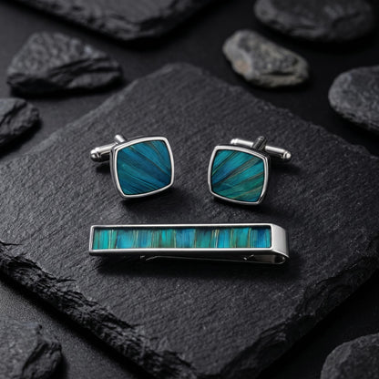 Peacock Feather Cufflink & Tie Clip Set