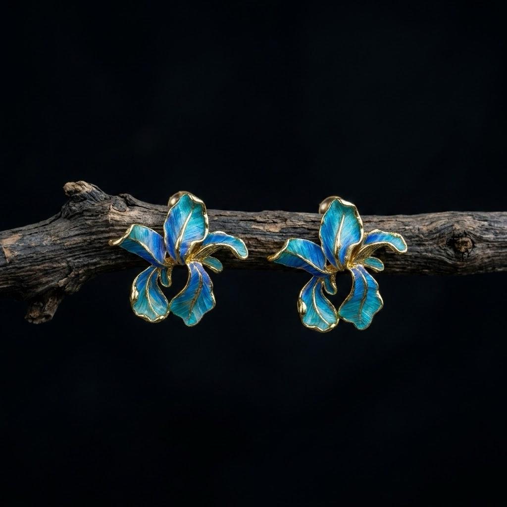 Blue Iris Flower Earrings