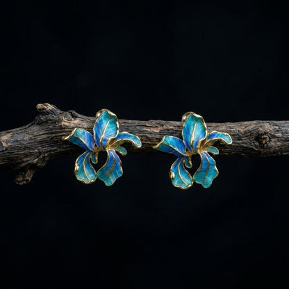 Blue Iris Flower Earrings