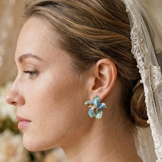 Blue Iris Flower Earrings