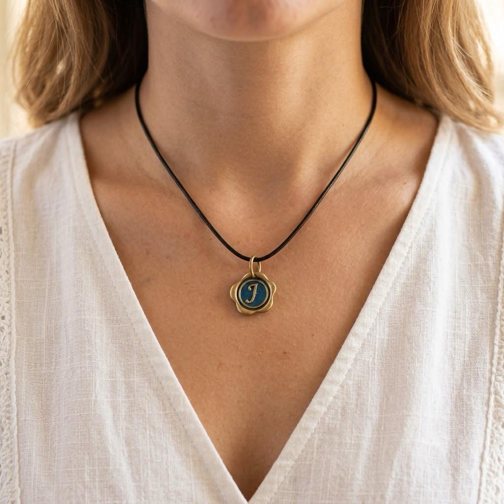 Personalized Wax Seal Initial Necklace, Peacock Feather Something Blue Pendant, Custom Letter Bridesmaid Gift, Handmade Jewelry
