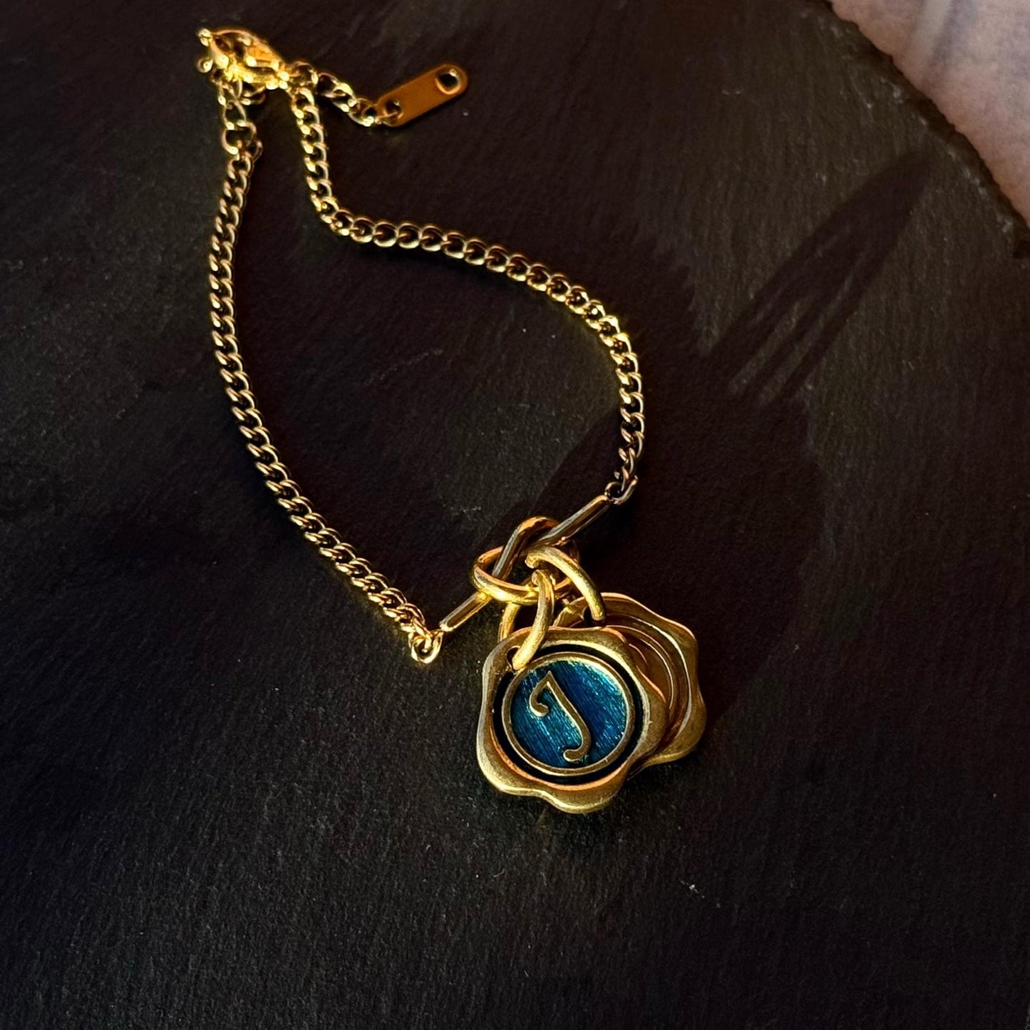 Something Blue Bracelet, Personalized Wax Seal Initial Charm with Peacock Feather, Custom Letter Bridesmaid Gift, Handmade