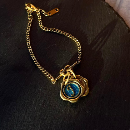 Something Blue Bracelet, Personalized Wax Seal Initial Charm with Peacock Feather, Custom Letter Bridesmaid Gift, Handmade