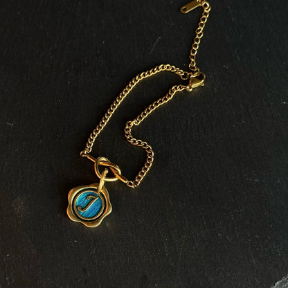 Something Blue Bracelet, Personalized Wax Seal Initial Charm with Peacock Feather, Custom Letter Bridesmaid Gift, Handmade
