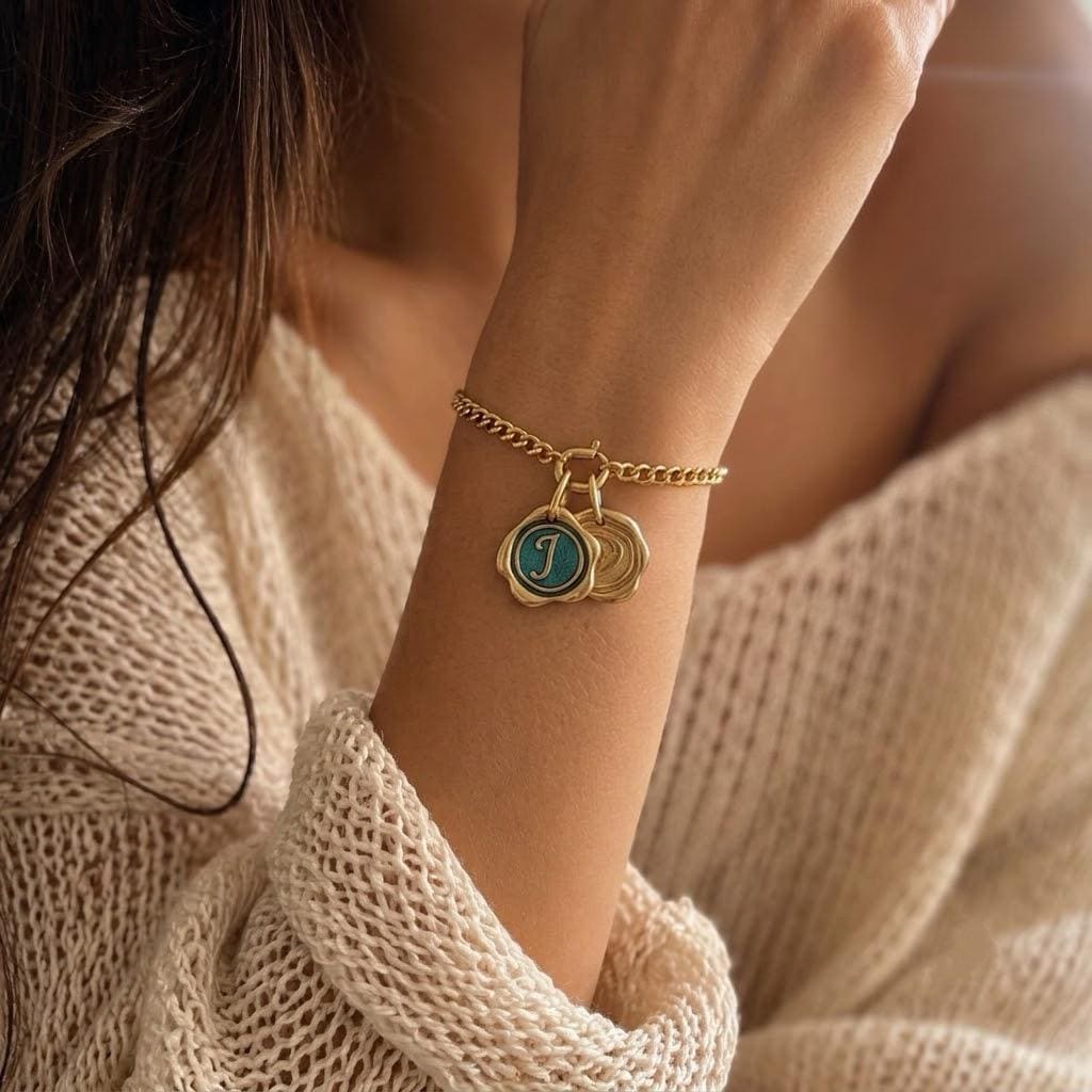 Something Blue Bracelet, Personalized Wax Seal Initial Charm with Peacock Feather, Custom Letter Bridesmaid Gift, Handmade