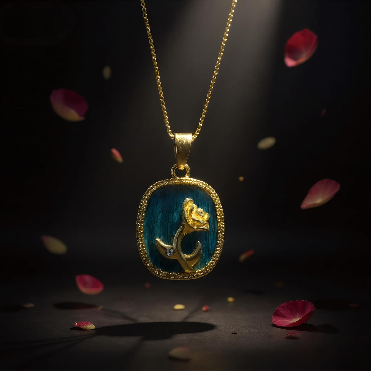 Rose Pendant Necklace With Peacock Feather