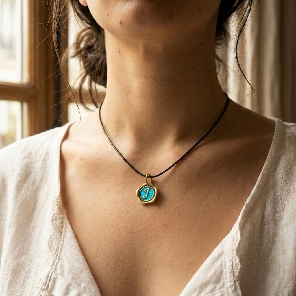 Personalized Wax Seal Initial Necklace, Peacock Feather Something Blue Pendant, Custom Letter Bridesmaid Gift, Handmade Jewelry