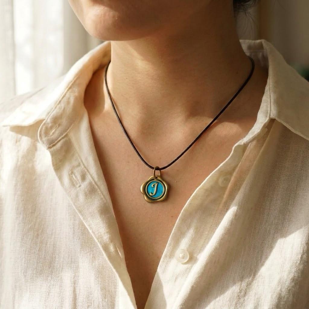 Personalized Wax Seal Initial Necklace, Peacock Feather Something Blue Pendant, Custom Letter Bridesmaid Gift, Handmade Jewelry