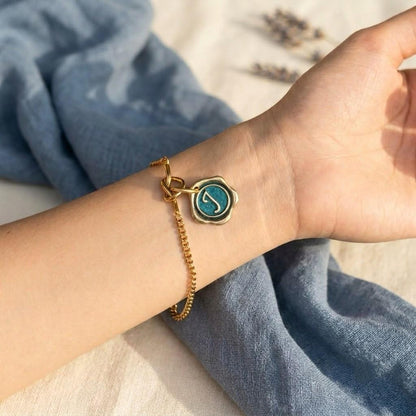 Something Blue Bracelet, Personalized Wax Seal Initial Charm with Peacock Feather, Custom Letter Bridesmaid Gift, Handmade