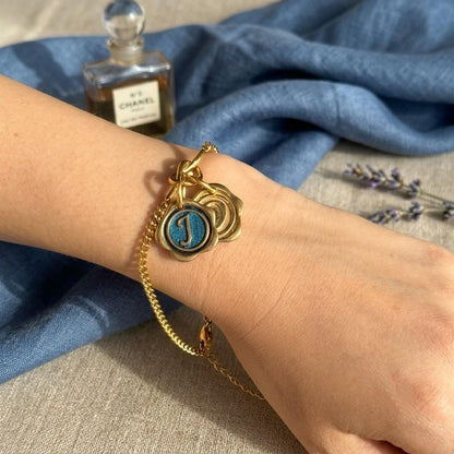 Something Blue Bracelet, Personalized Wax Seal Initial Charm with Peacock Feather, Custom Letter Bridesmaid Gift, Handmade