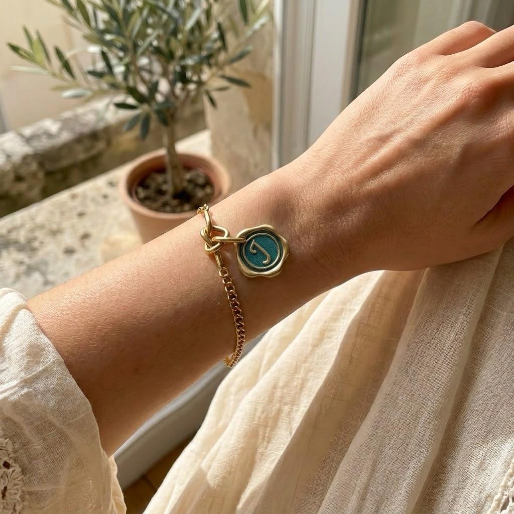Something Blue Bracelet, Personalized Wax Seal Initial Charm with Peacock Feather, Custom Letter Bridesmaid Gift, Handmade