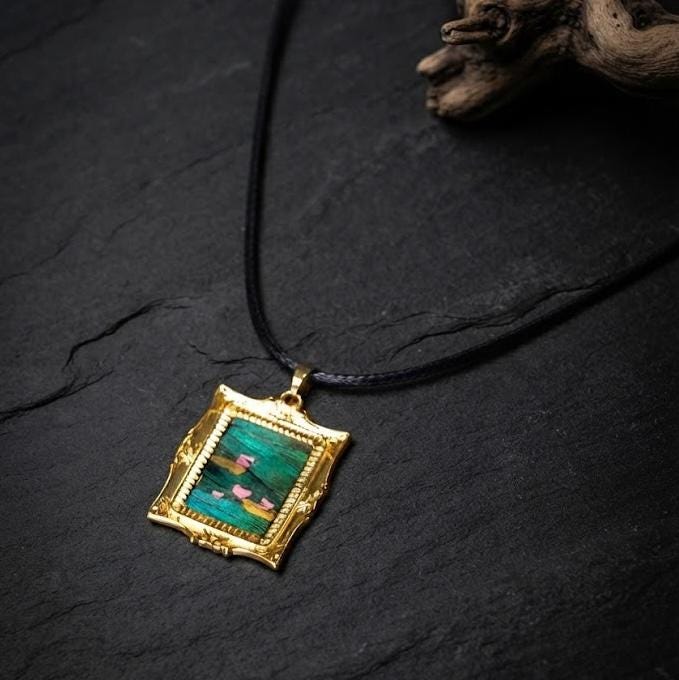 Monet Necklace, Feather Art Pendant, Water Lily Jewelry, Gold Floral Necklace, Artist Gift