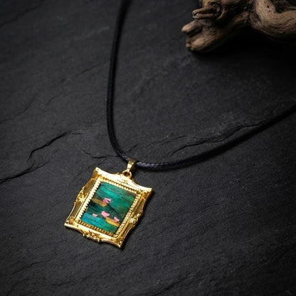 Monet Necklace, Feather Art Pendant, Water Lily Jewelry, Gold Floral Necklace, Artist Gift