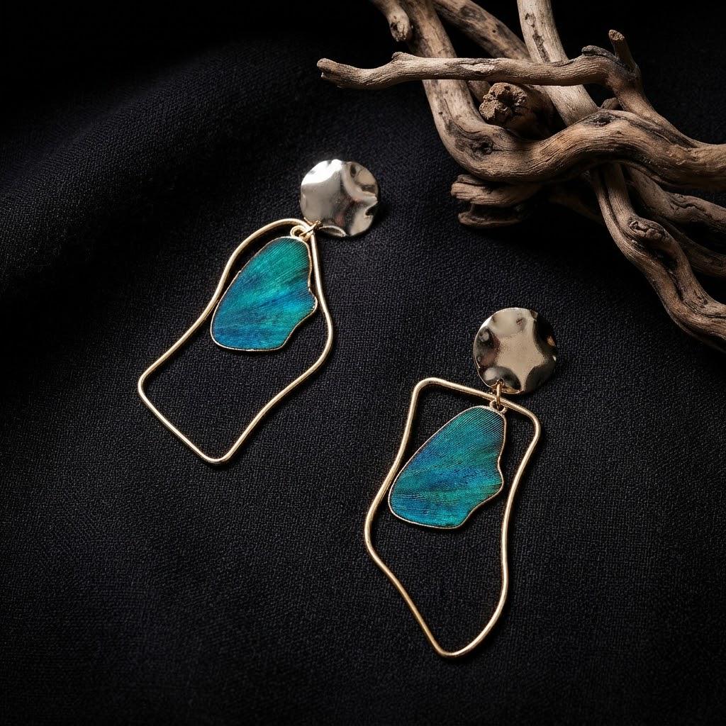 Geometric Wire Frame Feather Earrings, Blue Statement Drop Earrings, Modern Gold Dangles