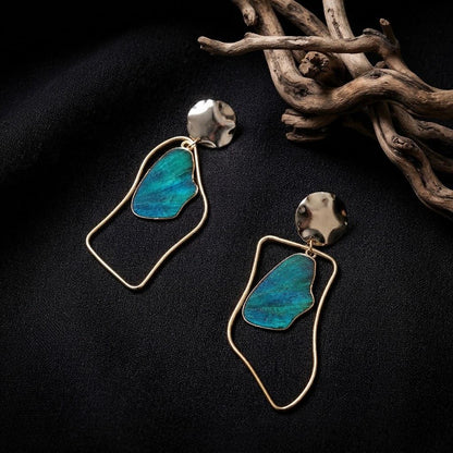 Geometric Wire Frame Feather Earrings, Blue Statement Drop Earrings, Modern Gold Dangles