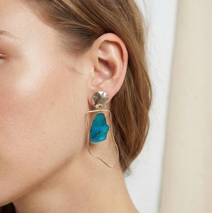 Geometric Wire Frame Feather Earrings, Blue Statement Drop Earrings, Modern Gold Dangles