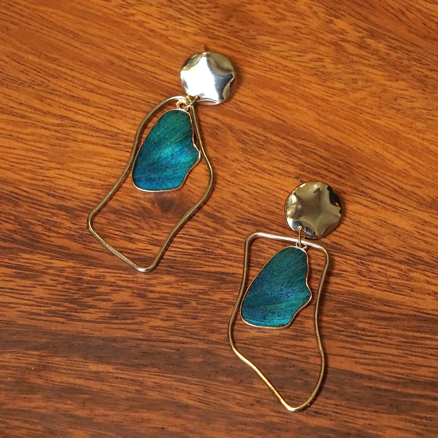 Geometric Wire Frame Feather Earrings, Blue Statement Drop Earrings, Modern Gold Dangles