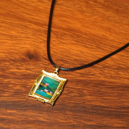 Monet Necklace, Feather Art Pendant, Water Lily Jewelry, Gold Floral Necklace, Artist Gift